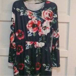 Floral Maxi Dress Navy Blue w/ Red, White, Green flowers. Never worn.